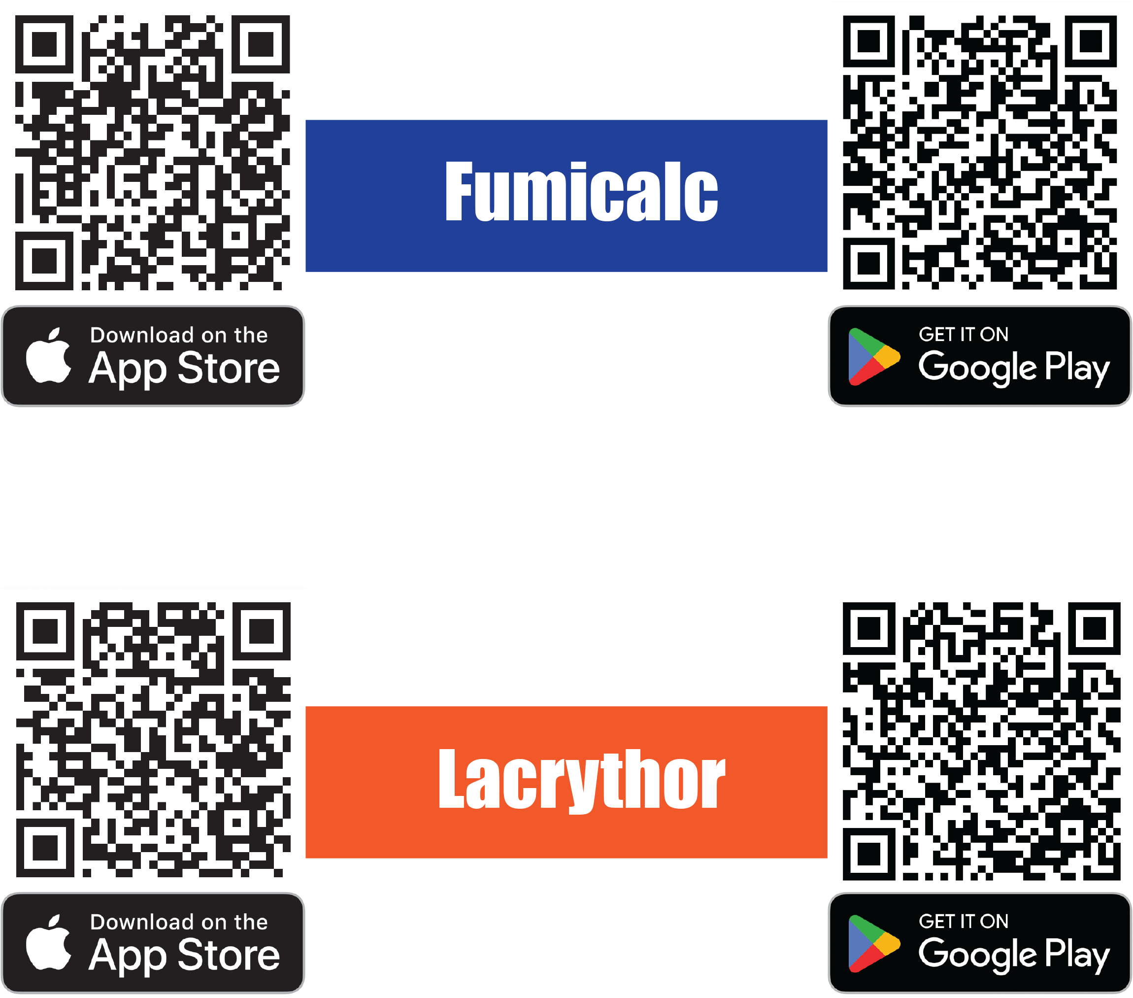 QR Codes that direct to the Fumicalc and Lacrythor apps on the Apple App Store and Google Play Store
